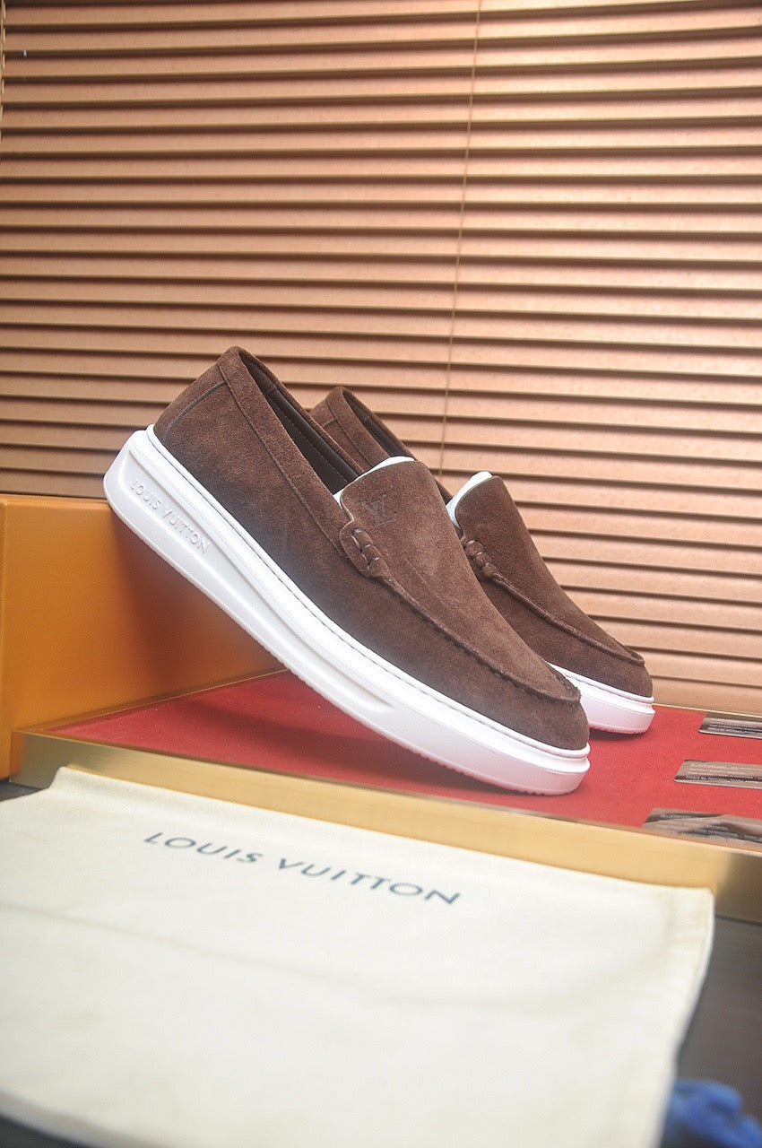 Suede or Leather Slip-On Loafers with Cushioned Platform Sole
